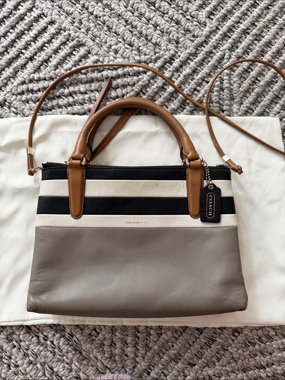 Coach Colorblock Leather Satchel in Black, White, Gray & Brown Trim